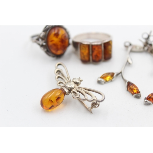 1155A - Six pieces of .925 silver amber set jewellery - approx. gross weight 26 grams