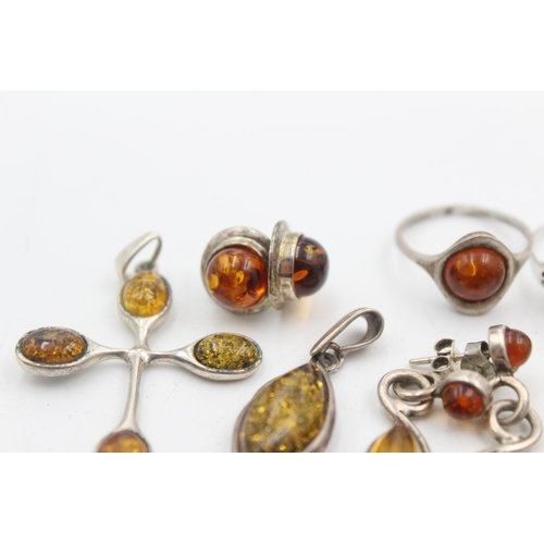 1155C - Eight pieces of .925 silver amber set jewellery - approx. gross weight 23 grams