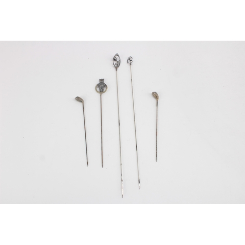 1220 - Five hallmarked sterling silver hat pins to include Charles Horner, teddy bear, golf club etc. - app... 