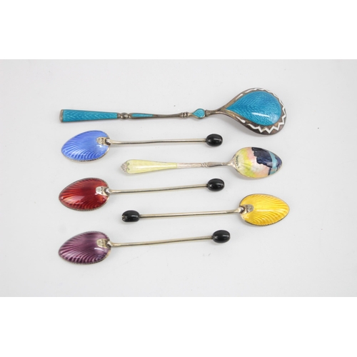 1223 - Six .930 and .925 silver teaspoons with enamel decoration - approx. gross weight 65 grams