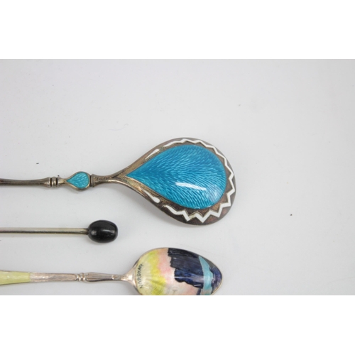 1223 - Six .930 and .925 silver teaspoons with enamel decoration - approx. gross weight 65 grams