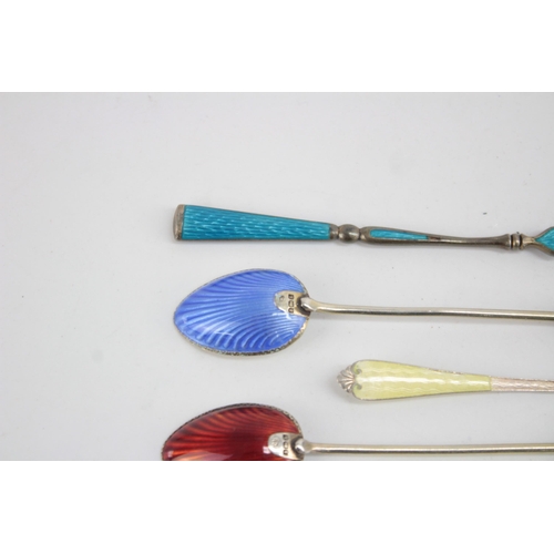 1223 - Six .930 and .925 silver teaspoons with enamel decoration - approx. gross weight 65 grams