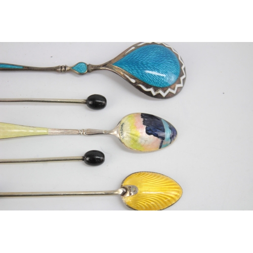 1223 - Six .930 and .925 silver teaspoons with enamel decoration - approx. gross weight 65 grams