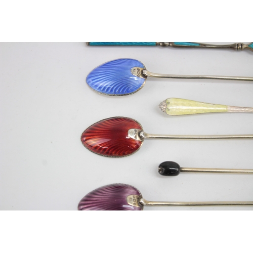 1223 - Six .930 and .925 silver teaspoons with enamel decoration - approx. gross weight 65 grams