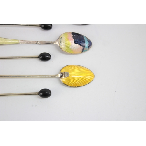 1223 - Six .930 and .925 silver teaspoons with enamel decoration - approx. gross weight 65 grams