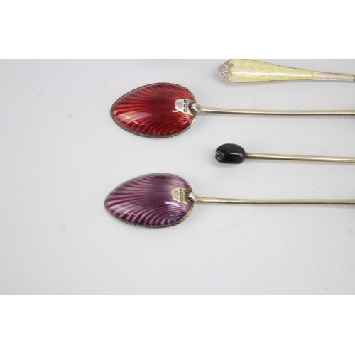 1223 - Six .930 and .925 silver teaspoons with enamel decoration - approx. gross weight 65 grams