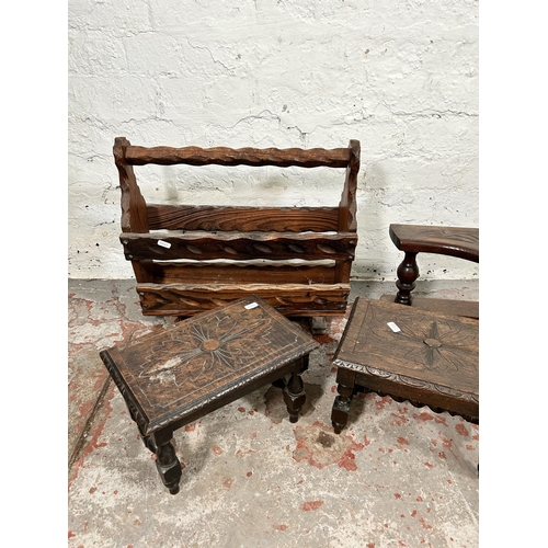 24 - Four pieces of carved wooden furniture, two 17th century style oak rectangular stools, one 17th cent... 