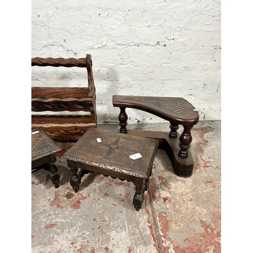 24 - Four pieces of carved wooden furniture, two 17th century style oak rectangular stools, one 17th cent... 