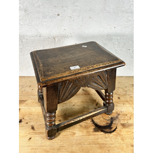 35 - A 17th century style carved oak rectangular joint stool with turned supports - approx. 40cm high x 3... 