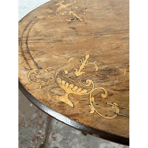 7 - A Victorian inlaid walnut oval occasional table on quatrefoil base - approx. 69cm high x 51cm wide x... 