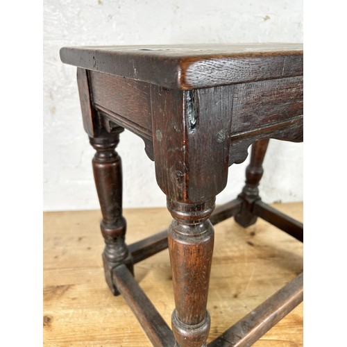 43 - A 17th century style oak rectangular joint side table - approx. 46cm high x 46cm wide x 28cm deep