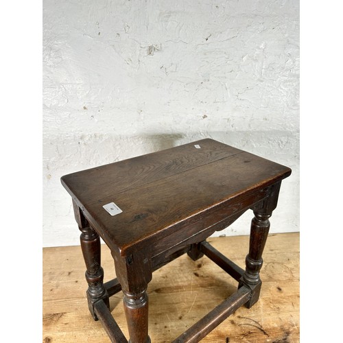 43 - A 17th century style oak rectangular joint side table - approx. 46cm high x 46cm wide x 28cm deep