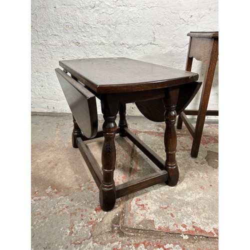 46 - Three occasional tables, oak drop leaf oval side table, oak nesting table and Regency style mahogany... 