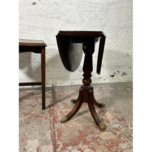 46 - Three occasional tables, oak drop leaf oval side table, oak nesting table and Regency style mahogany... 