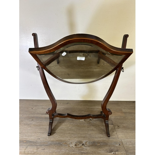 116 - An Edwardian inlaid mahogany framed shield shaped bevelled edge dressing table mirror - approx. 73cm... 