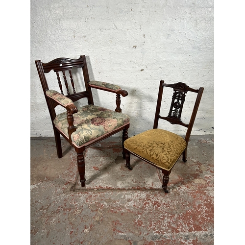 65 - Two late 19th/early 20th century mahogany and floral upholstered chairs - largest approx. 92cm high ... 