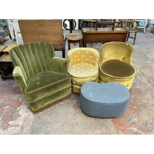 69 - Four pieces of vintage fabric upholstered furniture, three chairs and one footstool