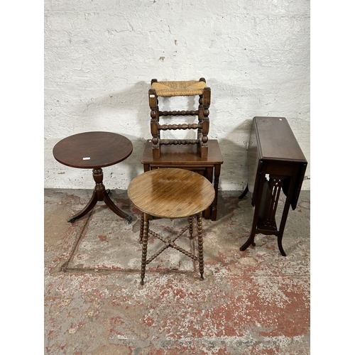 90 - Five pieces of occasional furniture to include mahogany bobbin turned circular side table, oak nest ... 