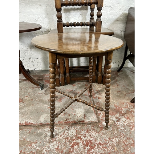 90 - Five pieces of occasional furniture to include mahogany bobbin turned circular side table, oak nest ... 