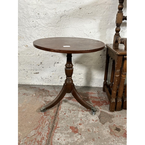 90 - Five pieces of occasional furniture to include mahogany bobbin turned circular side table, oak nest ... 