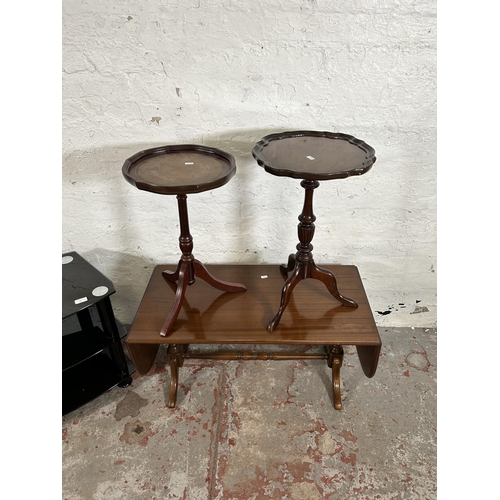 95 - Four pieces of furniture, two mahogany tripod pedestal wine tables, one mahogany drop leaf rectangul... 