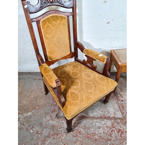 171 - Two pieces of furniture, one Edwardian mahogany and gold fabric upholstered armchair and one mid 20t... 