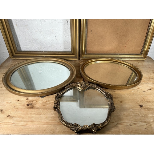 179 - Five gilt framed items, three wall mirrors and two picture frames