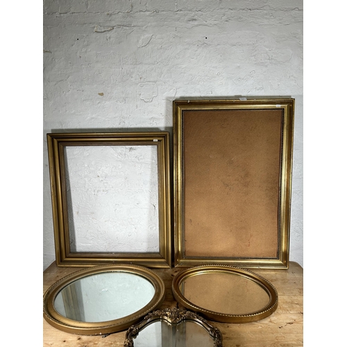 179 - Five gilt framed items, three wall mirrors and two picture frames