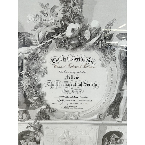 189 - A mid 20th century framed Fellow of The Pharmaceutical Society of Great Britain Certificate Presente... 