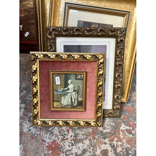 190 - A collection of framed pictures and mirrors to include two 19th century style gilt framed bevelled e... 