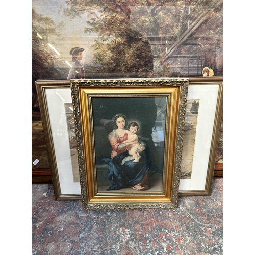 190 - A collection of framed pictures and mirrors to include two 19th century style gilt framed bevelled e... 