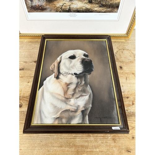 200 - Two framed pictures, one oil on canvas of a Golden Retriever by Barry Critchlow and one David Cartwr... 