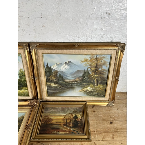 203 - Four gilt framed oil paintings - largest approx. 42cm high x 52cm wide