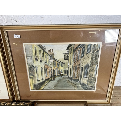 214 - Six framed pictures, four pencil signed limited edition prints, one pastel of a Cornish street scene... 