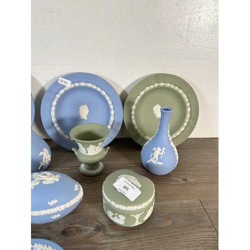 305 - Eleven pieces of Wedgwood Jasperware, three sage green and eight pale blue