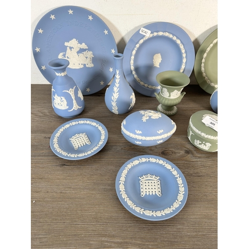 305 - Eleven pieces of Wedgwood Jasperware, three sage green and eight pale blue