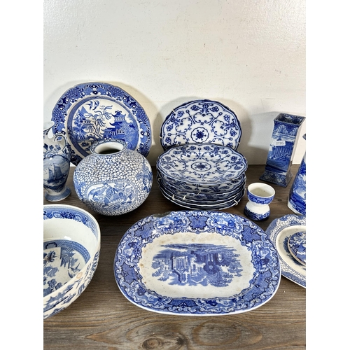 311 - A collection of blue and white china to include Adams baluster vase - Rd No. 623294, pair of Delft t... 