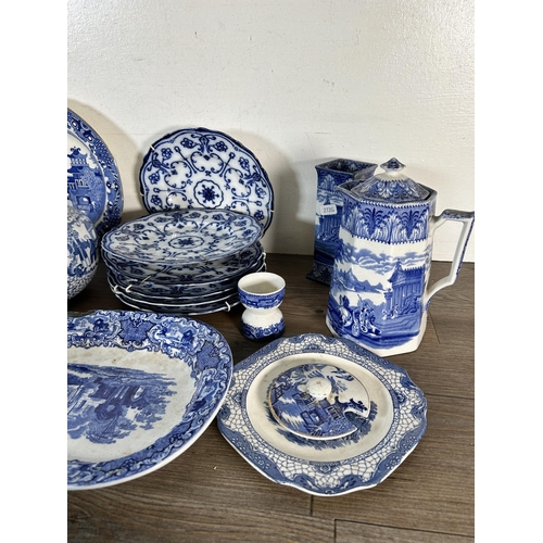 311 - A collection of blue and white china to include Adams baluster vase - Rd No. 623294, pair of Delft t... 