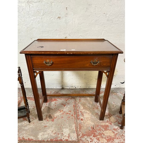 32 - Three pieces of furniture, George III style mahogany side table, early 20th century oak barley twist... 