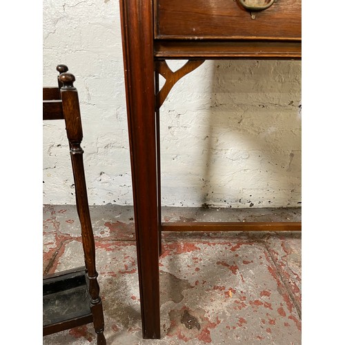 32 - Three pieces of furniture, George III style mahogany side table, early 20th century oak barley twist... 