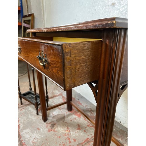 32 - Three pieces of furniture, George III style mahogany side table, early 20th century oak barley twist... 