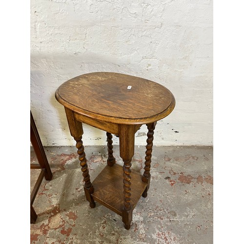 32 - Three pieces of furniture, George III style mahogany side table, early 20th century oak barley twist... 