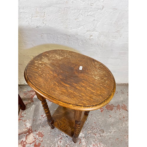 32 - Three pieces of furniture, George III style mahogany side table, early 20th century oak barley twist... 