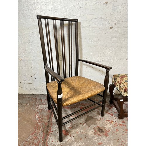 139 - Three pieces of furniture, one Arts and Crafts spindle back low seated armchair with rush seat, one ... 