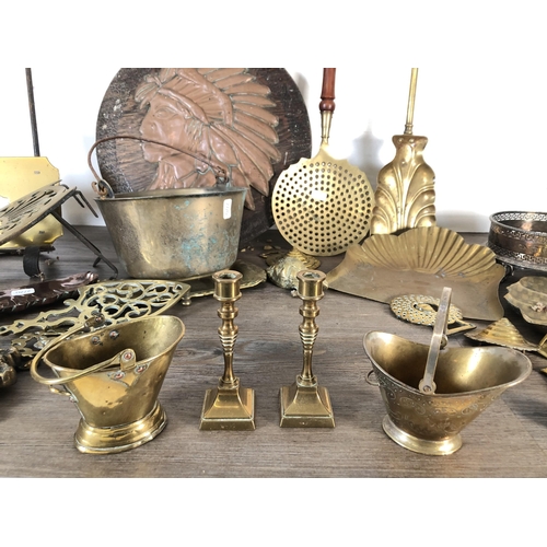 379 - A collection of metalware to include 19th century Townshends Ltd. brass scalloped crumb tray, brass ... 