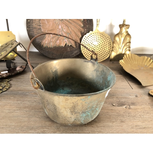 379 - A collection of metalware to include 19th century Townshends Ltd. brass scalloped crumb tray, brass ... 