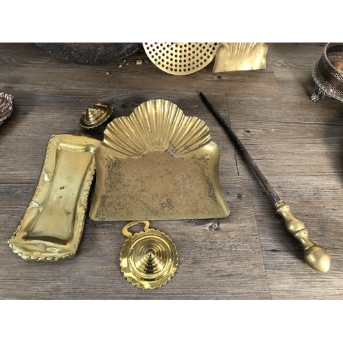 379 - A collection of metalware to include 19th century Townshends Ltd. brass scalloped crumb tray, brass ... 