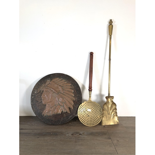 379 - A collection of metalware to include 19th century Townshends Ltd. brass scalloped crumb tray, brass ... 