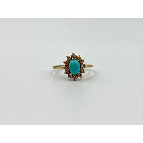 1153 - A hallmarked Sheffield 9ct gold turquoise and clear gemstone ring, size P - approx. gross weight 1.9... 