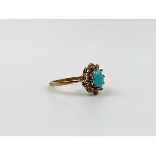 1153 - A hallmarked Sheffield 9ct gold turquoise and clear gemstone ring, size P - approx. gross weight 1.9... 